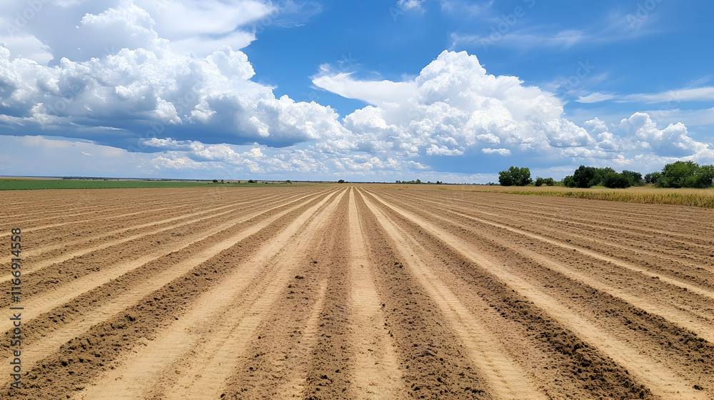 Ploughed farmland under a partly cloudy summer sky, ready for planting. Use Agriculture, stock photo. Ploughed farmland under a partly cloudy summer sky, ready for planting. Use Agriculture, stock photo.
