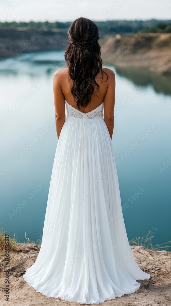 A woman in a white wedding dress standing by a lake A woman in a white wedding dress standing by a lake