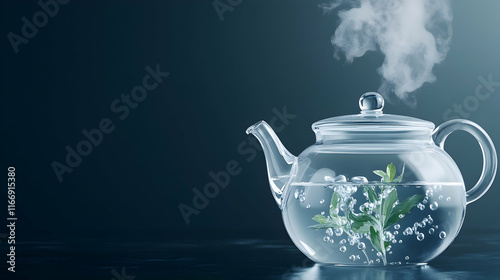 Steaming herbal tea in glass teapot, dark background, relaxation, wellness. Perfect for websites or blogs about healthy drinks. photo