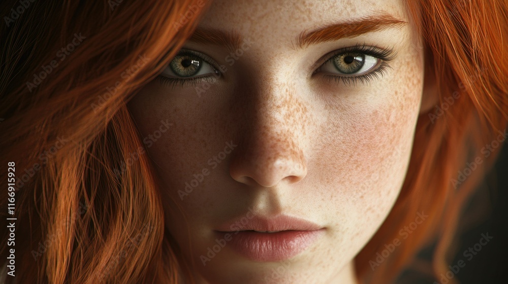 Fototapeta premium Striking Portrait of Woman with Vivid Red Hair and Expressive Eyes