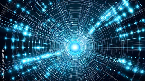 Futuristic blue light tunnel with glowing lines