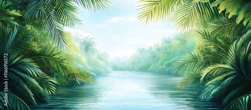 Captivating view of a serene tropical river meandering through a lush vibrant rainforest landscape with swaying palm leaves verdant foliage and shimmering sunlit reflections on the calm water