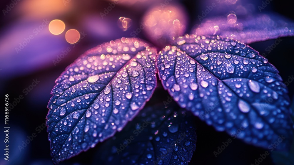Dew-covered leaves in vibrant purple and blue hues, illuminated by soft bokeh lights. Dew-covered leaves in vibrant purple and blue hues, illuminated by soft bokeh lights.