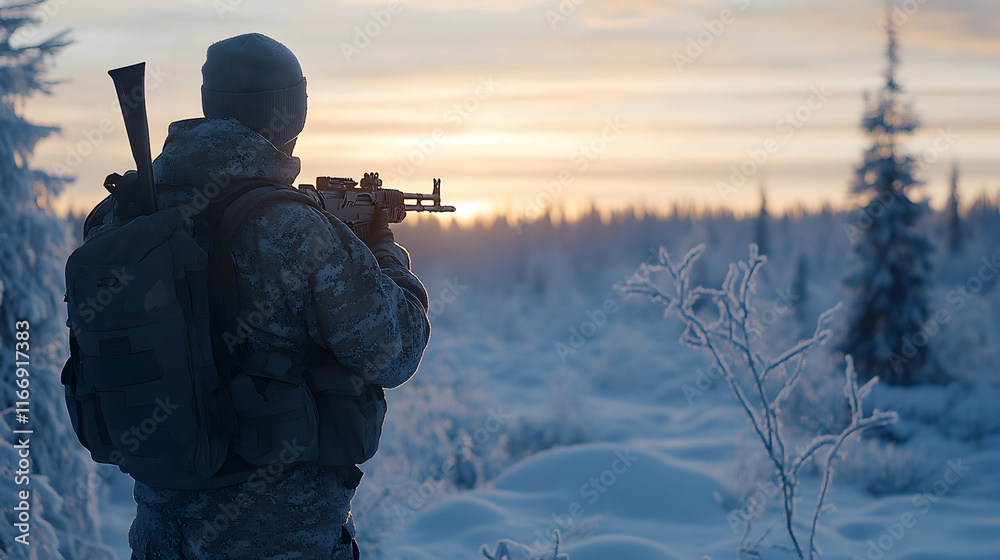 Soldier aiming rifle at sunset in snowy forest; winter warfare, military action, cold environment, survival. Soldier aiming rifle at sunset in snowy forest; winter warfare, military action, cold environment, survival.