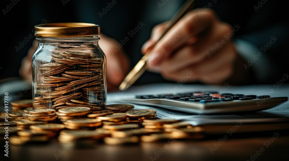 Person reviewing finances, coins in jar. Person reviewing finances, coins in jar.