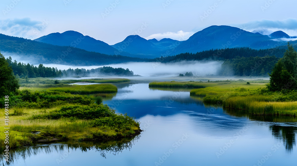 Serene morning mist over calm river, majestic mountains backdrop. Ideal for travel brochures or nature documentaries. Serene morning mist over calm river, majestic mountains backdrop. Ideal for travel brochures or nature documentaries.