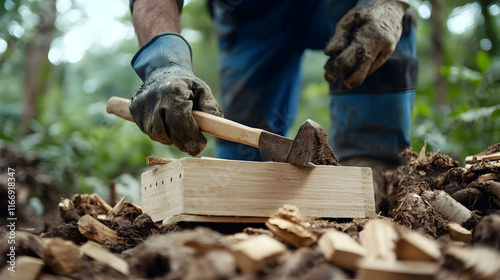 Farmer crafting wooden box amidst forest, preparing for planting, soil and wood chips in background; ideal for agricultural or gardening content. photo