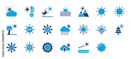 Set of Sun icon. Mountain, Sunshine, Sunny, Ultra Violet, Cloudy, Sunrise, Tree, Sun, Photosynthesis, Temperature, Partly Cloudy, Sunrise, Weather vector illustration. 