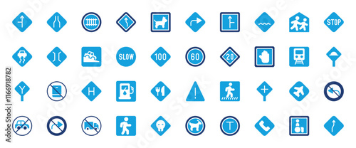 Set of Traffic Signs icon. Air Plane, Symbol, Sign, No Traffic, Zebra Crossing, Traffic Sign, Pet, Stop Sign, Car, Slow Motion, 100, 60s, Speed, Fuel Station, Hotel, Warning vector illustration.