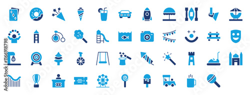 Set of Theme Park icon. Ticket Office, Bunting, Acting, Ferris Wheel, Playing Card, Light, Magic Hat, Joker, Lemon Juice, Firecracker, Coffee Cup, Boxing Machine, Confetti vector illustration.
