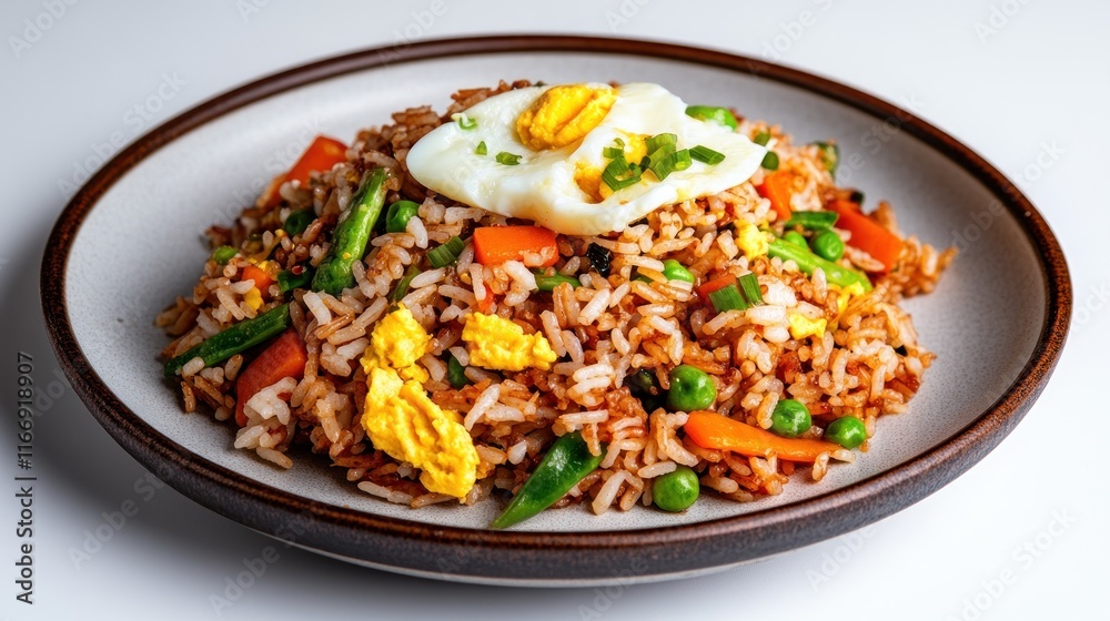 A plate of fried rice topped with a fried egg and vegetables. A plate of fried rice topped with a fried egg and vegetables.