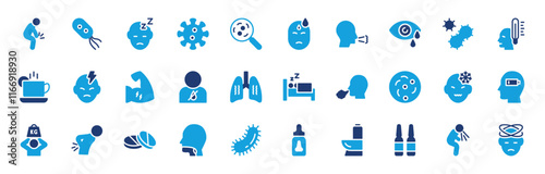 Set of Flu icon. Back Pain, Germ, Cough, Sleep, Faint, Pain, Bacteria, Fitness, Sleeping, Throat, Bacteria, Fever, Chocolate, Sick Person, Bicep, Patient, Lungs, Cough, Illness vector illustration.