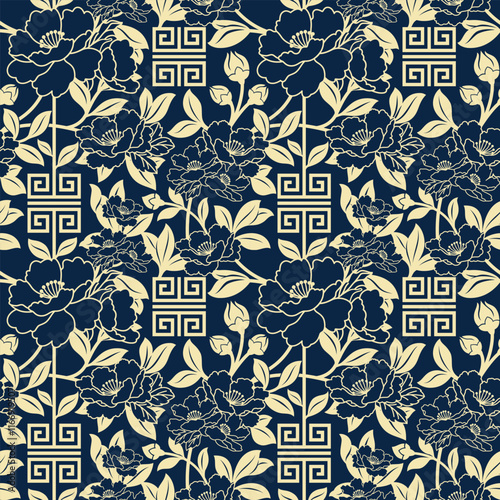 Chinese peony seamless pattern.  Traditional Asian style in dark blue and gold color tone. Vector design for backdrop, background, wallpaper, wrapping paper, carpet, textile, fabric.