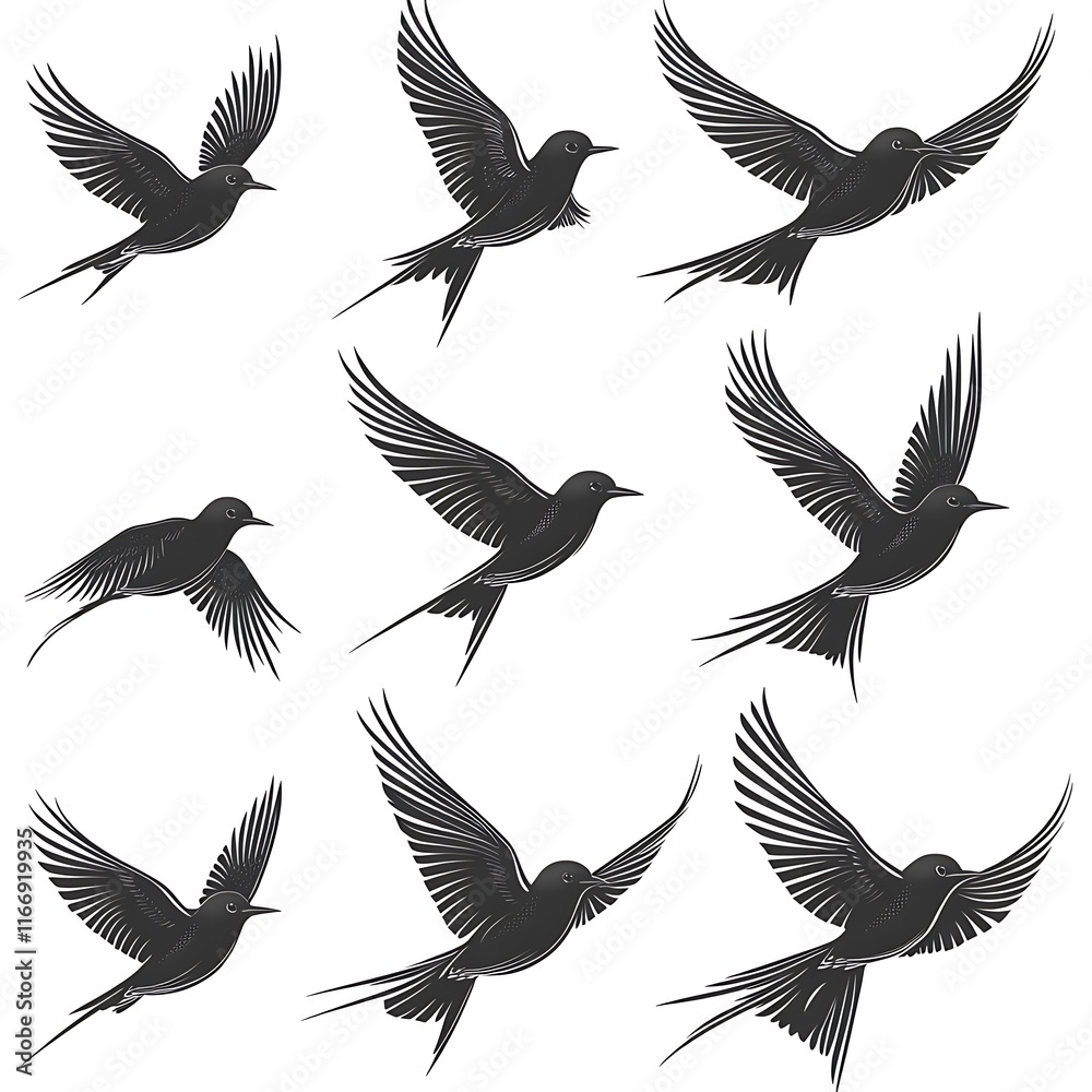 Fototapeta premium Elegant Black Birds in Flight, Perfect for Graphic Design