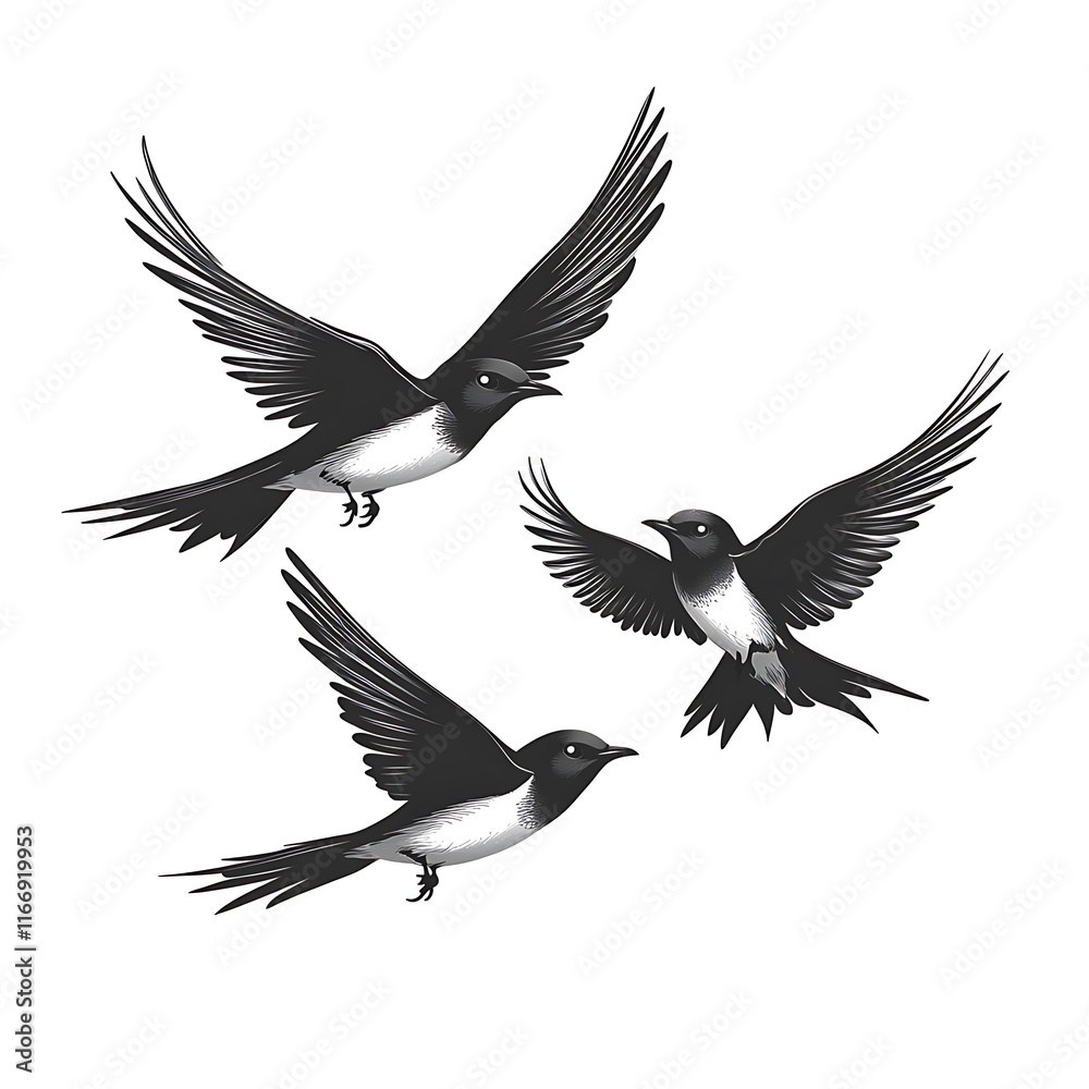 Fototapeta premium Three Birds in Flight, Monochrome Illustration