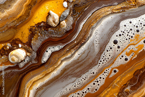 vibrant, swirling patterns of brown, orange, and cream create stunning abstract design, reminiscent of natural landscapes. smooth texture and bubbles add depth and intrigue photo