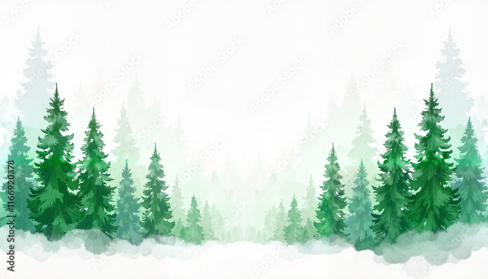 Obraz premium Serene watercolor forest background with green pine trees and misty effect for peaceful designs
