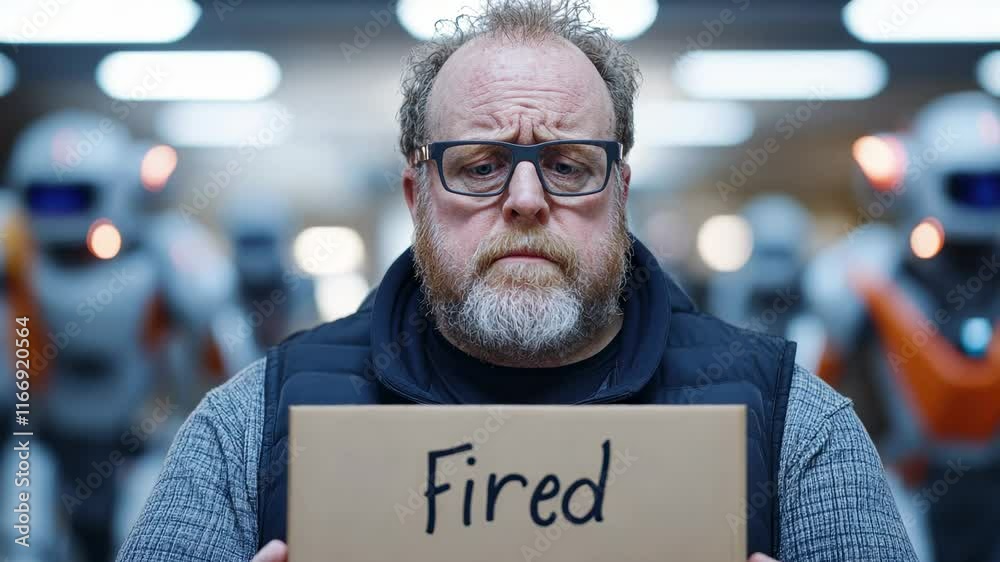 Job loss due to automation at a tech company with robots in the background. An individual appears distressed while holding a cardboard sign stating fired amid
