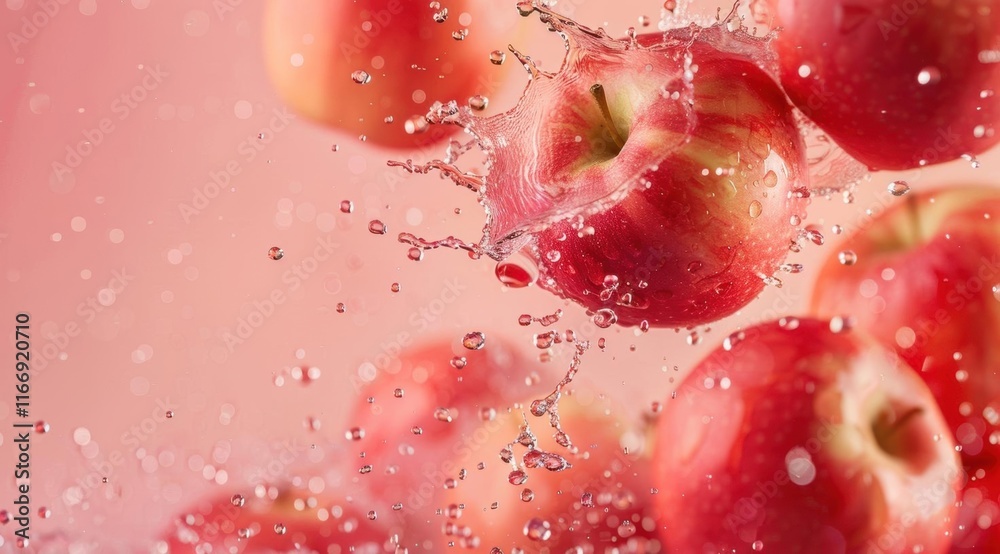 Fresh red apples splashing in water, showcasing freshness and vitality. Fresh red apples splashing in water, showcasing freshness and vitality.