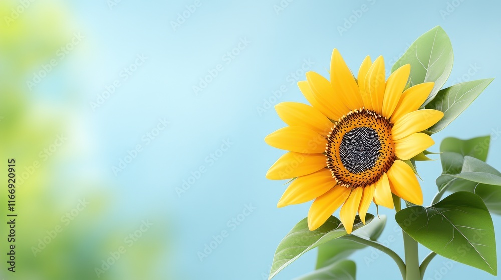 Obraz premium A vibrant sunflower against a soft blue background.