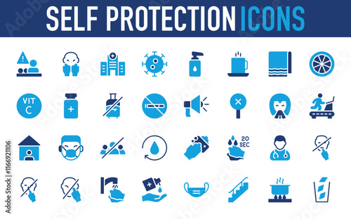 Set of Self Protection icon. Vitamin C, Water, Face Mask, Social Distancing, Hand Wash, Doctor, Precaution, Sanitizer, Facemask, Stair, Cooking, Water, Isolate, Handwash vector.