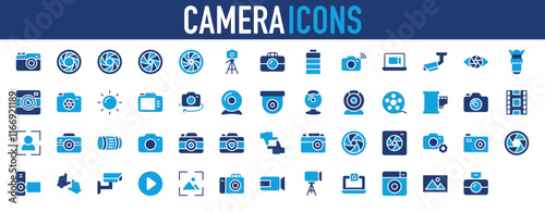 Set of Camera icon. Play Button, Web Camera, Recorder, Cctv Camera, Imagination, Photo Camera, Flash, Lens, Configuration, Camera, Video Camera, Photo, Security Camera vector. 
