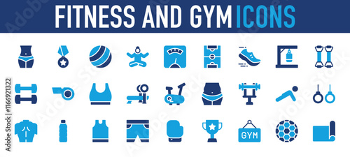 Set of Fitness and Gym icon. Back, Sport Clothes, Fat, Running Shoe, Workout, Barbell, Boxing Glove, Yoga, Exercise Band, Whistle, Cycling, Workout, Ring, Water Bottle, shirt vector. 