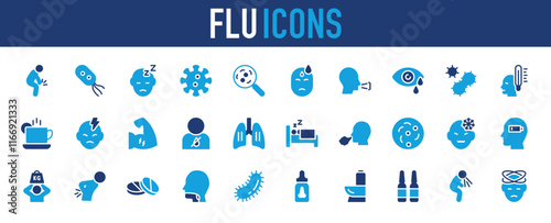 Set of Flu icon. Back Pain, Germ, Cough, Sleep, Faint, Pain, Bacteria, Fitness, Sleeping, Throat, Bacteria, Fever, Chocolate, Sick Person, Bicep, Patient, Lungs, Cough, Illness vector.