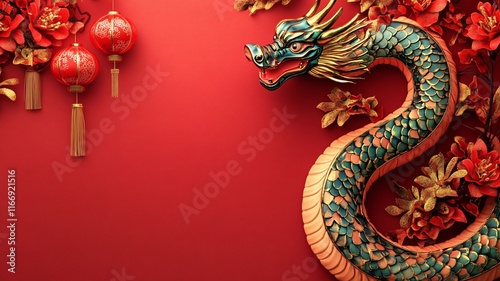 Wallpaper Mural chinese style dragon on red background with traditional lantern for Chinese new year celebration banner Torontodigital.ca