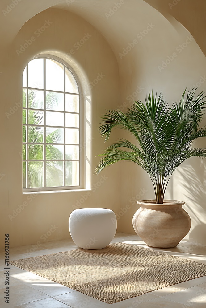 Serene Minimalist Room With Arch Window and Palm Plant