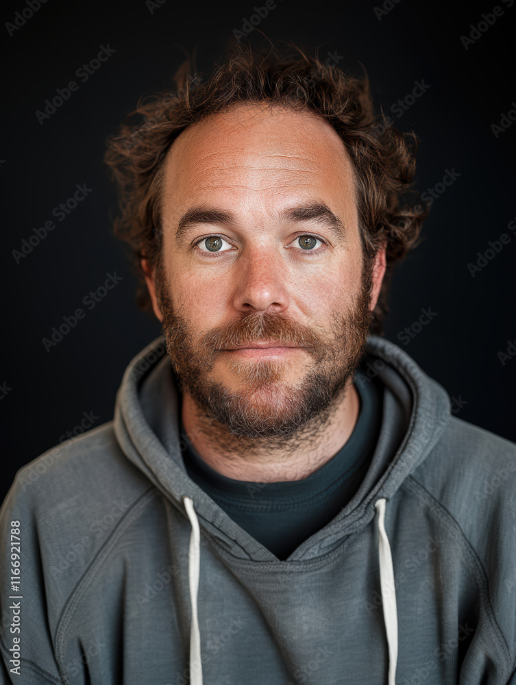 Obraz premium Portrait of a man with curly hair wearing a hoodie against a dark background showcasing a relaxed expression.