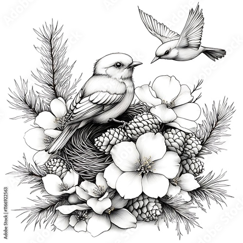 Wallpaper Mural Detailed black and white illustration of birds, flowers, and pine cones in a nest. Torontodigital.ca