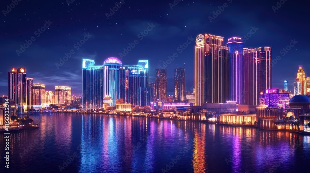 Fototapeta premium Vibrant city skyline at night with illuminated buildings reflecting on water.