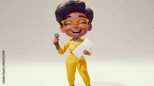 Cheerful animated presenter with a microphone