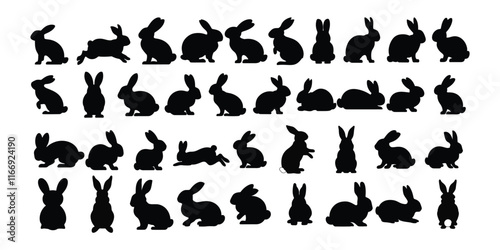Silhouettes of easter bunnies isolated on a white background. Set of different rabbits silhouettes for design use.
