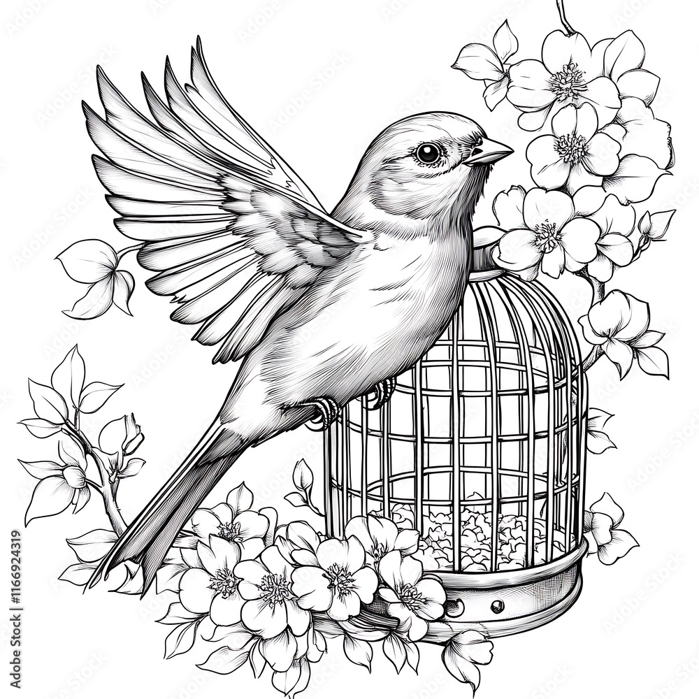 Fototapeta premium Elegant Black and White Bird in a Floral Cage