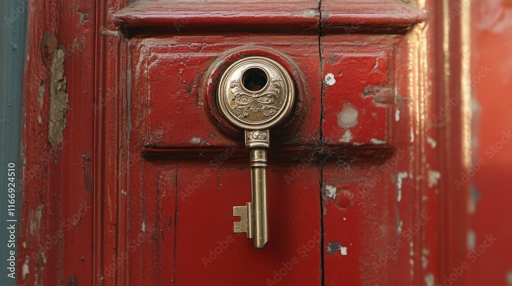 Fototapeta premium Ornate golden key in a weathered red door.