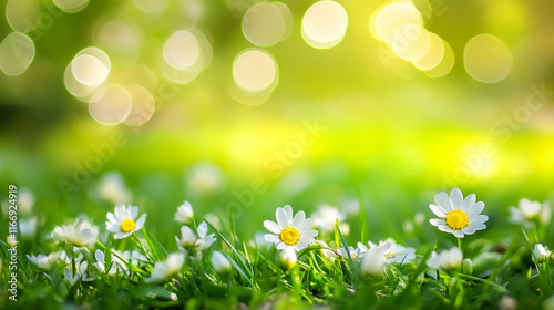 Green grass and sunlight banner background, close up of green grass with blurred garden background