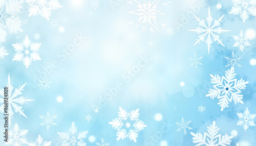 Delicate winter background with white snowflakes on soft blue backdrop and copy space for text