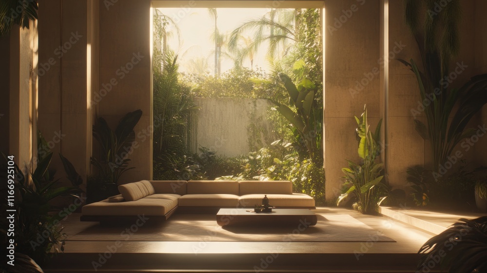 Fototapeta premium Sunlit interior lounge with tropical garden view.