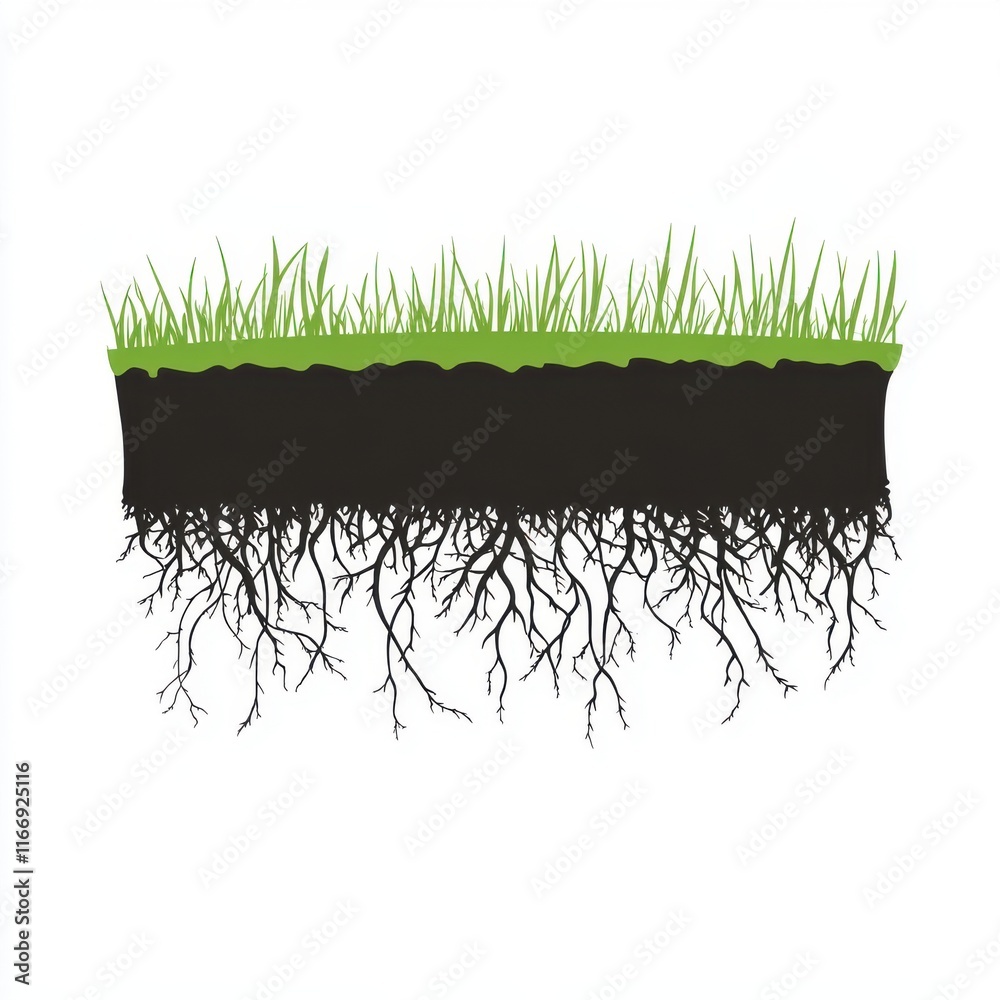 Illustration of grass with visible roots, showcasing the underground structure of a plant.