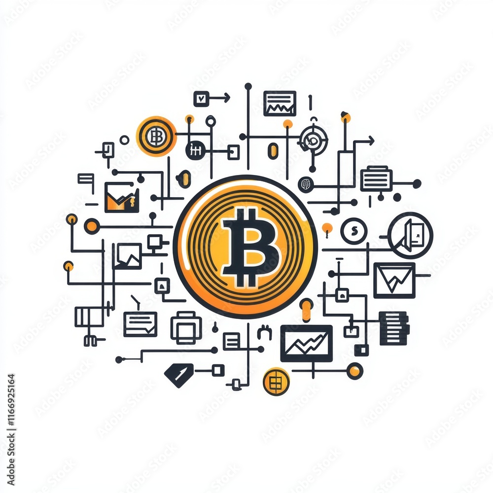 Stylized illustration of a Bitcoin symbol surrounded by digital graphics and financial elements. Stylized illustration of a Bitcoin symbol surrounded by digital graphics and financial elements.