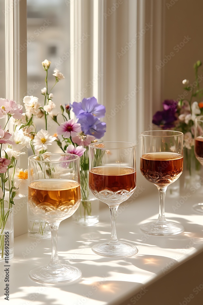Sunlit Windowsill Display Of Wine Glasses And Flowers