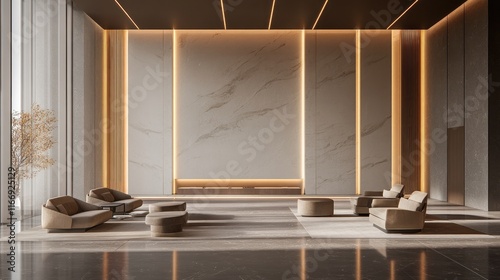 Luxurious lobby with marble wall, modern seating, and ambient lighting.