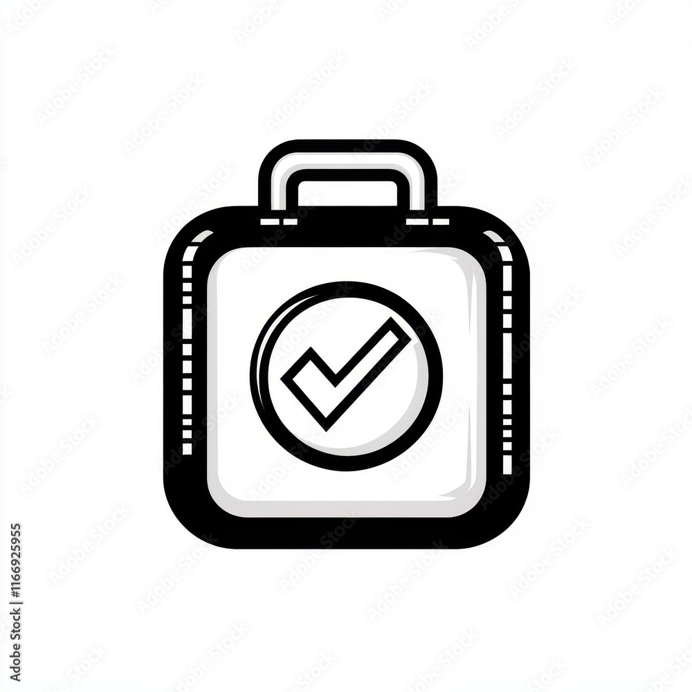 Stylized black and white icon of a briefcase with a check mark, symbolizing approval and readiness. Stylized black and white icon of a briefcase with a check mark, symbolizing approval and readiness.