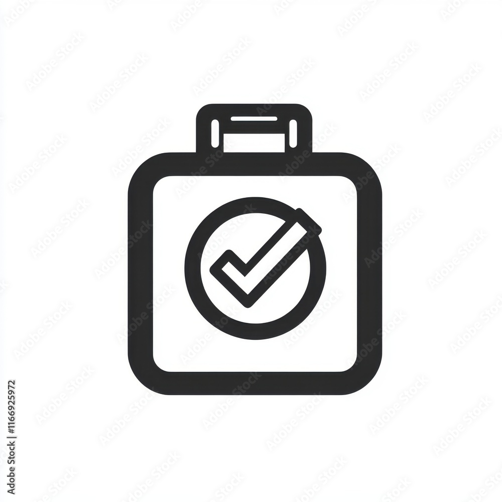 Stylish black and white icon of a briefcase with a checkmark, symbolizing success and approval. Stylish black and white icon of a briefcase with a checkmark, symbolizing success and approval.