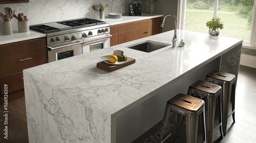 Modern kitchen island with white marble countertop, stainless steel appliances, and wooden cabinetry.