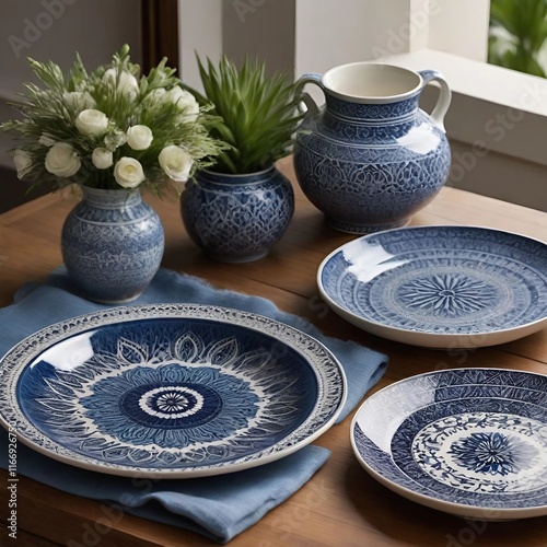 a set of blue ceramic tableware on the table