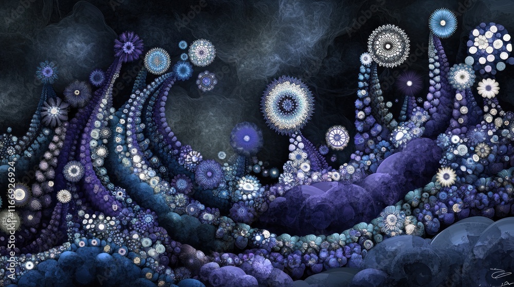 Obraz premium Abstract fractal art depicting a fantastical landscape with swirling, flower-like formations in shades of blue and purple.