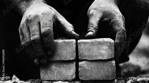 Close-Up of Hardworking Hands Placing Bricks in Black and White